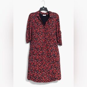 New York & Company Floral Shirt Dress Navy Red Roll Tab Sleeves Size Medium